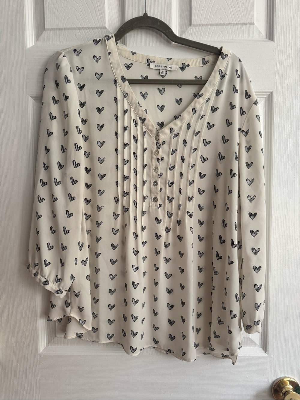 Rose & Olive Cream Heart-Print V-Neck Blouse